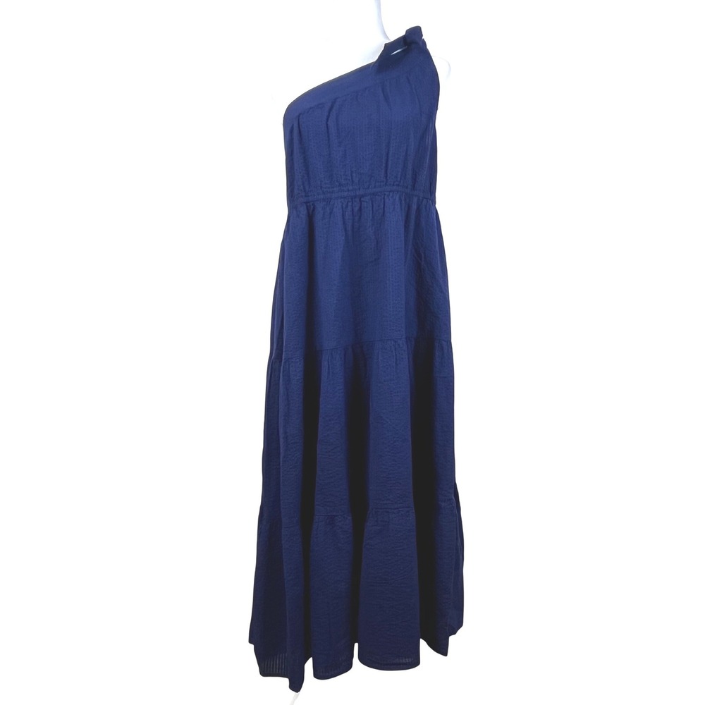 Crown &‎ Ivy Navy One Shoulder 100% Cotton Seersucker Dress PM Pockets (G590)